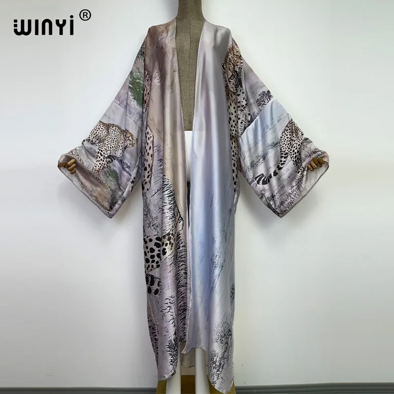 WINYI new Autumn tiger Printing Beach Wear Swim Suit Elegant Africa Women Boho Cardigan Sexy Holiday Long Sleeve Kimono Dress