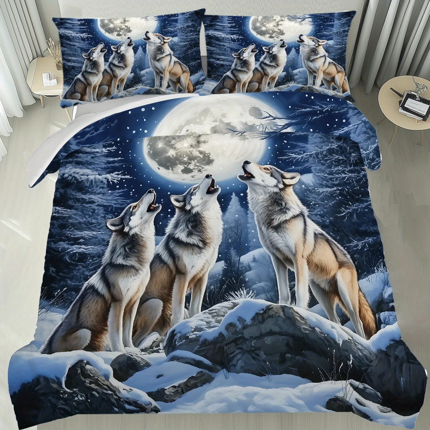 Set of 3pcs Featuring a Design of Wolves on a Snowy Mountain Duvet Cover Set, Comprising This Bedding Is Machine Washable