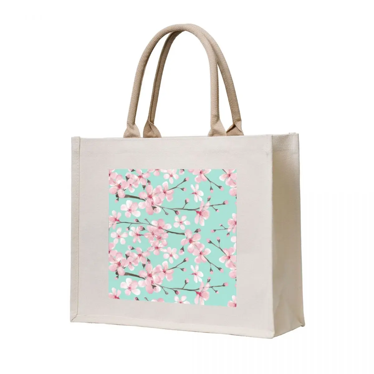 

cherry blossom on mint, pink cherry blossom watercolor Tote Bag Cloth bags canvas tote bag canvas bags large size bags