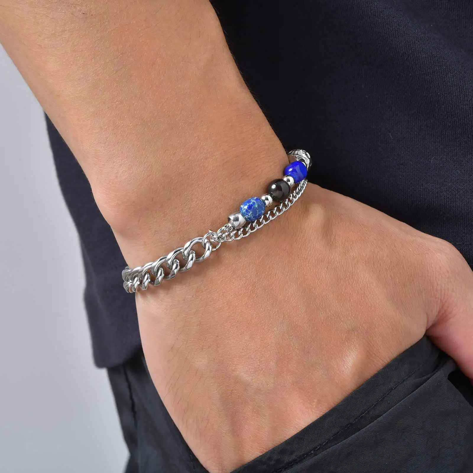 Vnox Naturstein-Perlenarmband für Herren, Edelstahl-Mehrschichtkette, Tigerauge, Obsidian, verstellbarer Armschmuck, Geschenk – Detail 6