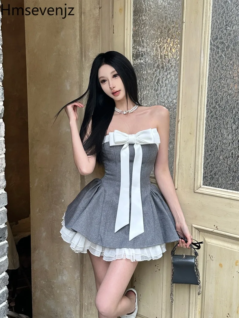 

Hmsevenjz Sexy Bow Strapless Dress for Women's Summer Vintage Slim Fit A-line Puffy Dress Fashion Female Clothes