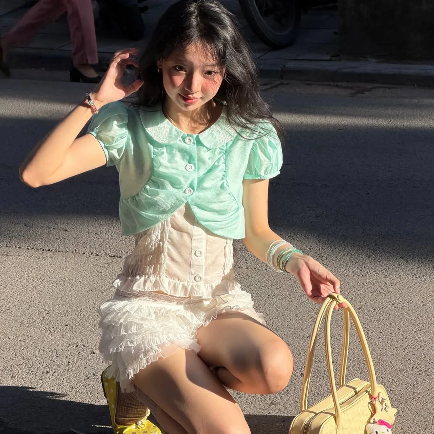 Patchwork Set Short Sleeve Ins Style with Sweet and Fresh Top Summer T Shirt Button Three Quarter Sleeve Sweet Women Sets
