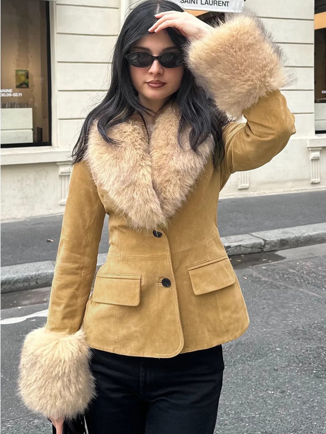

Stylish Faux Fur Patchwork Jacket Women Solid Lapel Long Sleeve Button Pocket Female Coat 2025 Autumn Winter Casual Lady Outwear