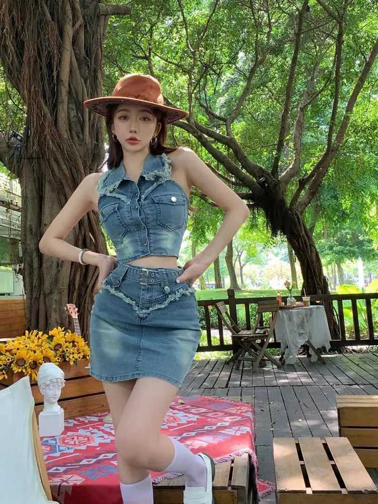 여름 데님 섹시한 클럽 2 조각 의상 여성 캐주얼 스트랩 백리스 짧은 탑 셔츠 블라우스 반바지 Femme Mujer Slim Sets