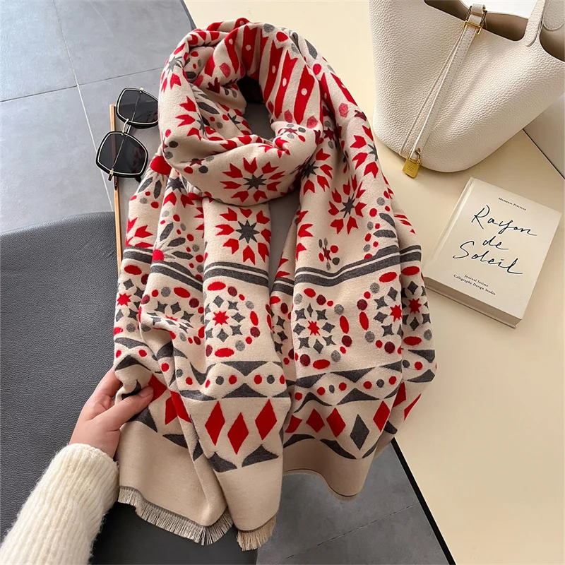 Classic Floral Winter Cashmere Scarf for Women Design Shawls and Wraps Bufandas Female Neckerchief Muffler Large Poncho Echarpe