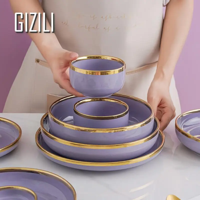 Purple Porcelain Plates Dinner Plates Dinnerware Set Luxury Food Dinner Dishes Salad Soup Bowl Ceramic Dessert Cake Plate