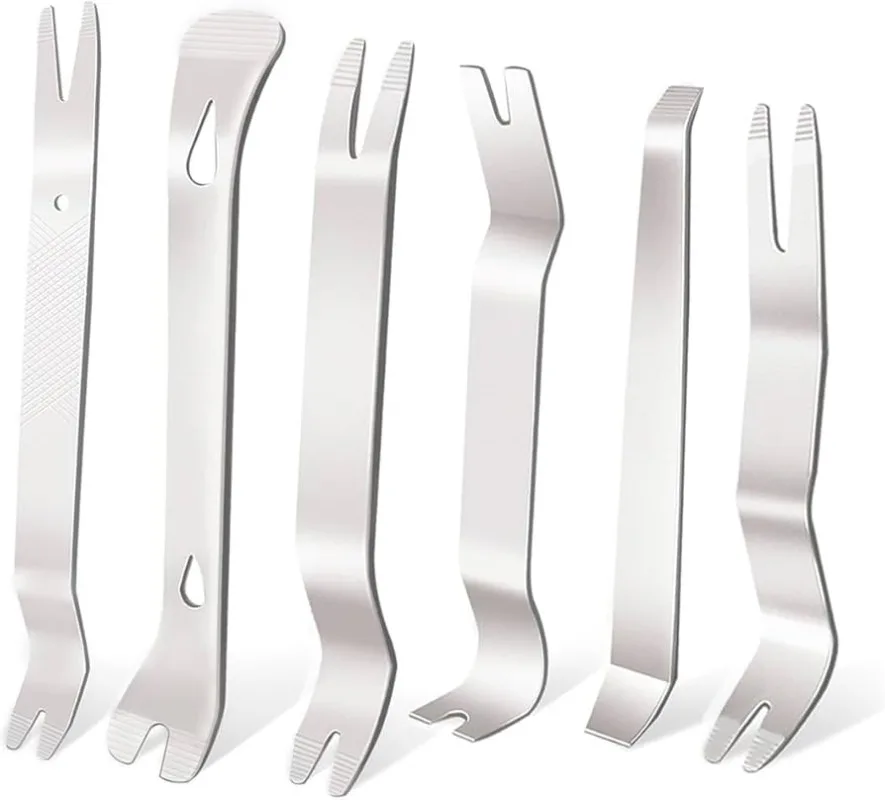 

Набор инструментов для снятия обшивки автомобиля, 5 шт., из нержавеющей стали, для демонтажа клипс, без царапин, для приборной панели и дверных панелей, для интерьера автомобиля