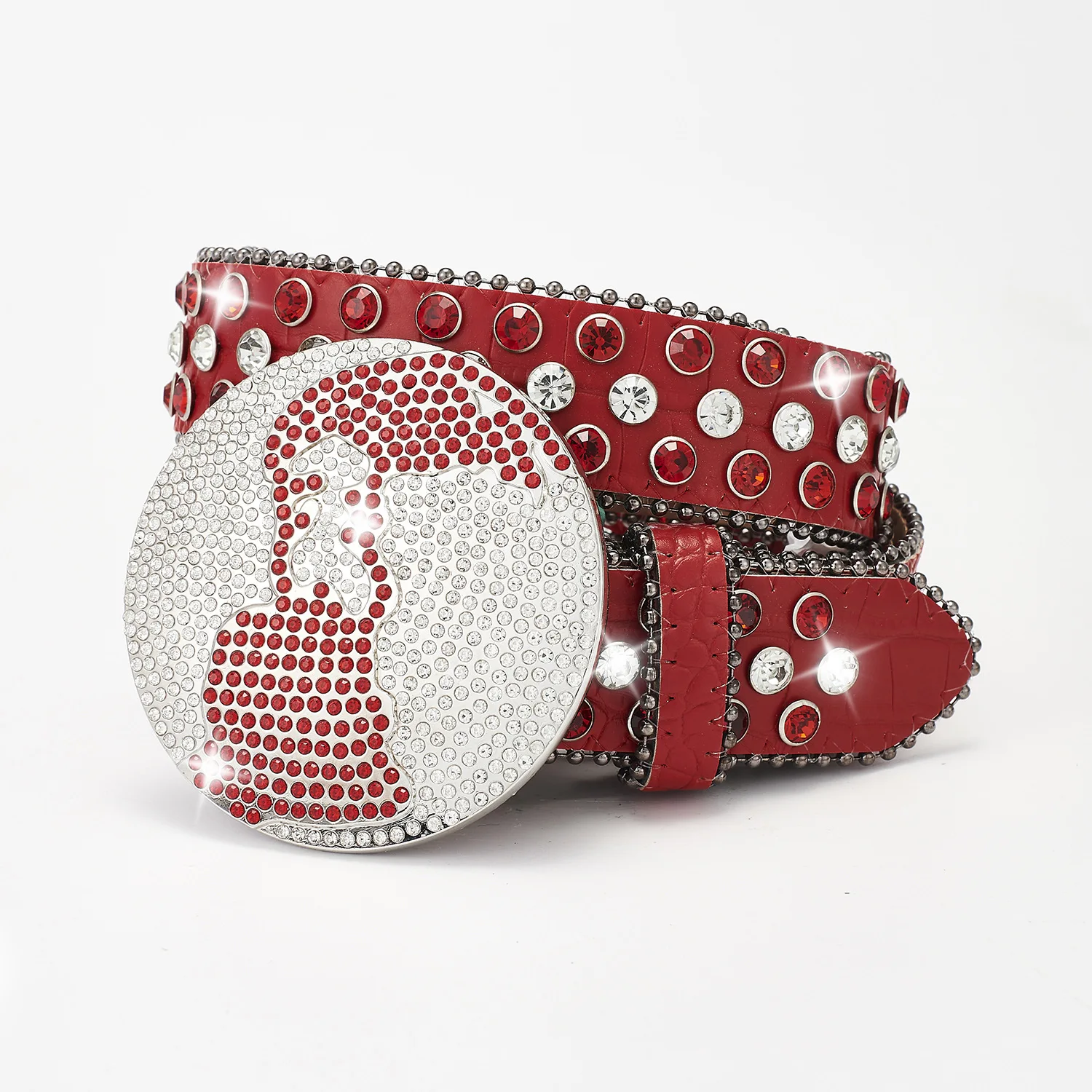 Original Design Rhinestone Circular Plate Buckle Adjustable Waist Belts for Women Luxury Punk PU Leather Rivet Jeans Belts 120CM