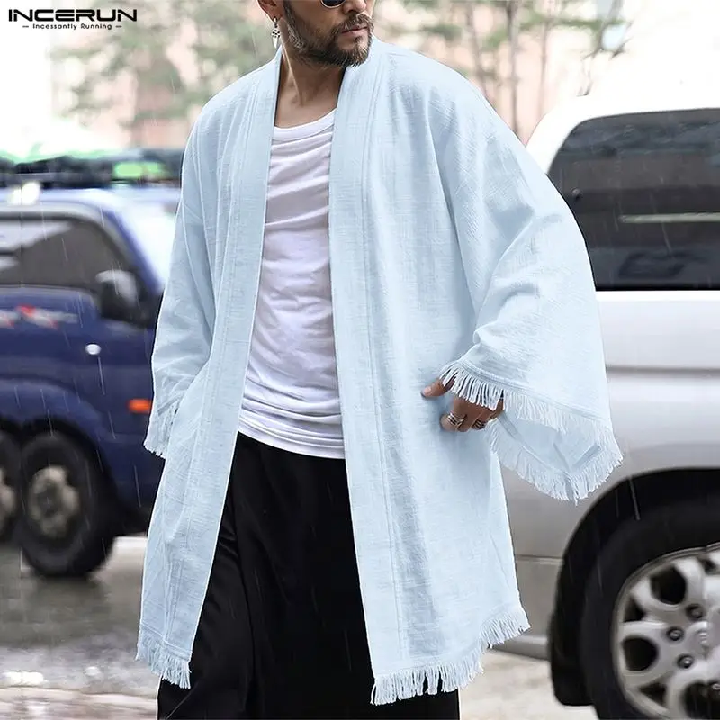 INCERUN Men's Cardigan Shirts Tassel Solid Long Sleeve Open Stitch Men Clothes Tops Streetwear Loose 2026 Casual Vintage Shirts