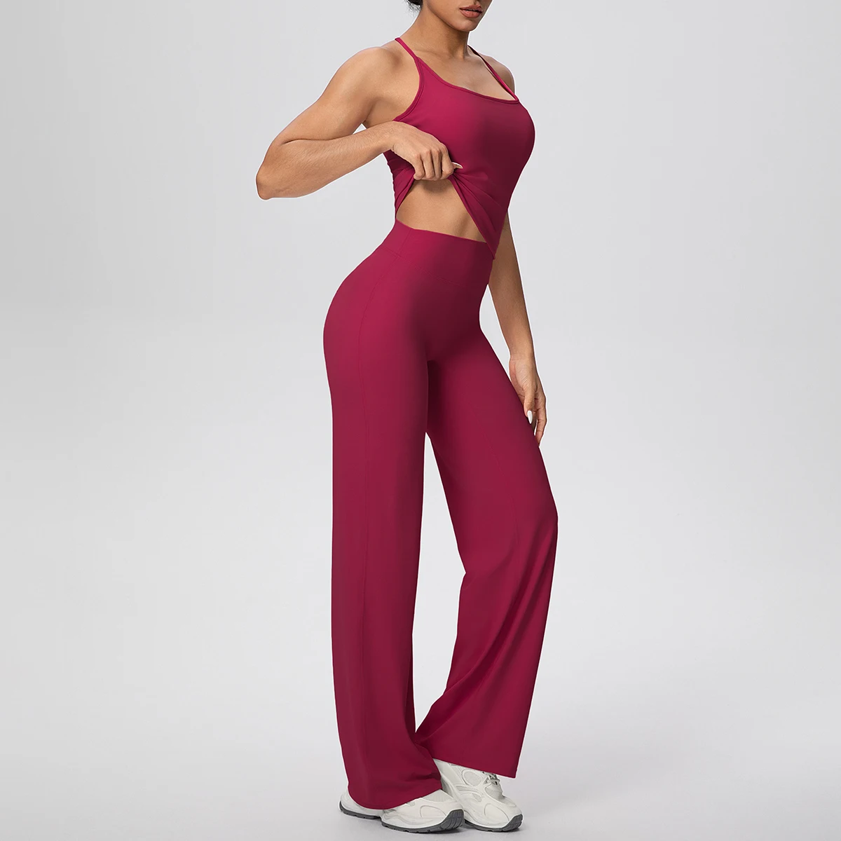 2pcs Woman Gym Sports Yoga Set Solid Color Slim Casual I-shaped Vest With Chest Pad Quick Drying High Waisted Full Length Set