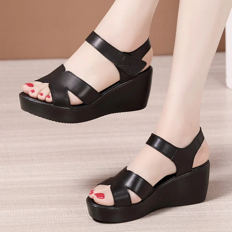 Small Plus Size 33-43 Soft Leather Shoes Women Med Heels Wedges Sandals 2024 Summer Thick Platform Sandals Office Beach Mom