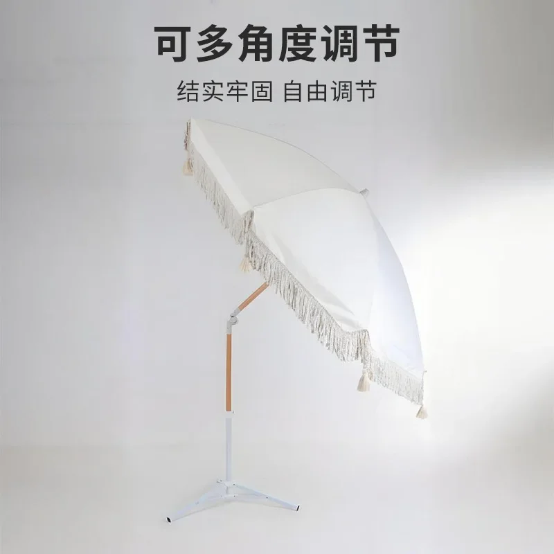 Outdoor fringed umbrella with rotating shaft Central column umbrella Seaside sunshade beach umbrella Terrace Large fringed beach