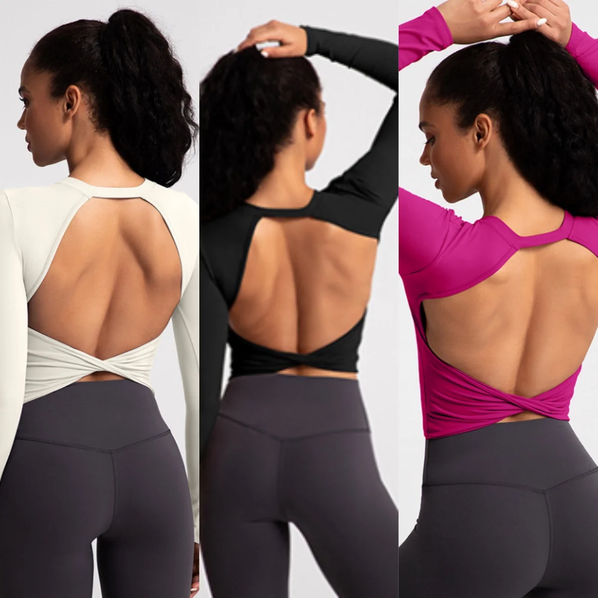 

Women's Open Back Long Sleeve Workout Top, Sexy Fitness Shirt for Yoga & Running, Fall Winter Training Tee
