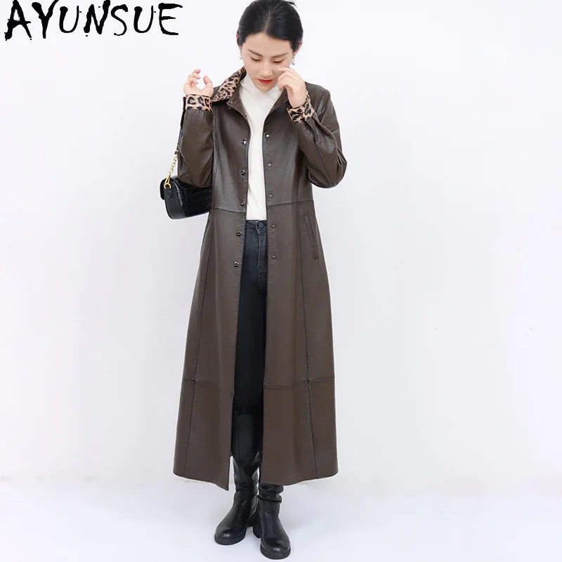 AYUNSUE リアルレザージャケット女性トップ層シープスキンレディースコート 2025 秋の女性の服ロングトレンチコート Jaqueta デ Couro