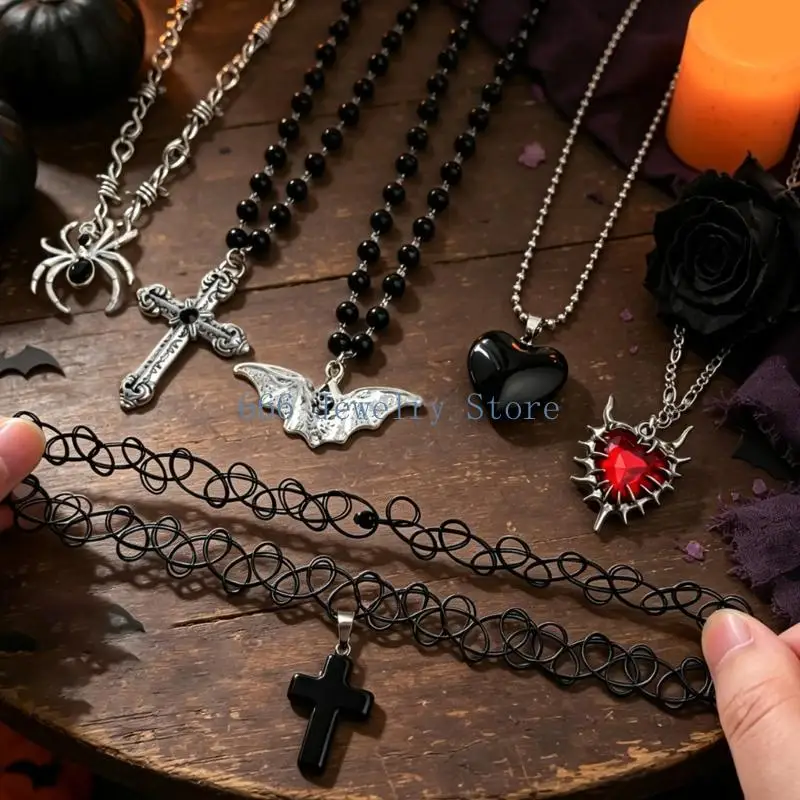 F2TD Gothic Alloy Necklace with 2-Level Bat and Spiked-Heart Pendants, Combining a Black-Bead Strand and Silver-Tone Chain for