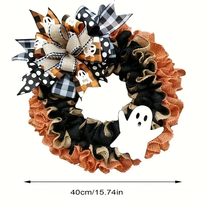 Spooky Ghost Wreath Hanging Ornament with Textured Burlap Bow Great Seasonal Decor for Halloween Perfect Decoration for Porch