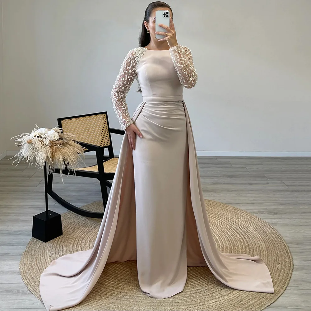 Heißes Verkaufs-Abendkleid mit abnehmbarer Schleppe, maßgeschneidert, volle Ärmel, Rundhalsausschnitt, Perlenfalte, formelle Partykleider, Abendkleid