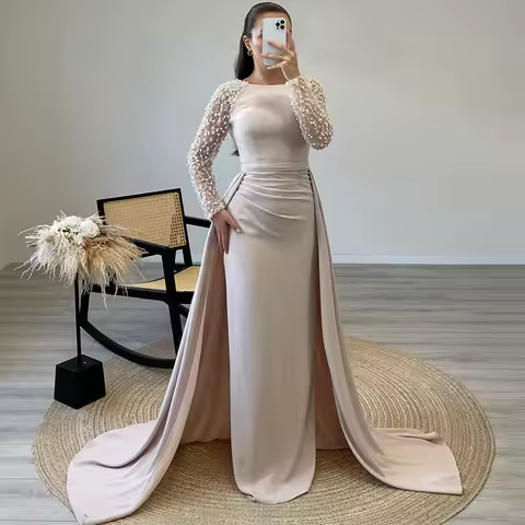 Hot Sale Evening Dress with Detachable Train Customized Full Sleeves Round Neck Pearls Pleat Formal Party Dresses Evening Gown