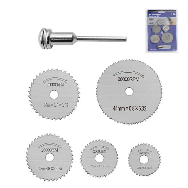 HSS Circular Saw Blade Set 6Pcs, High Speed Steel Cutting Discs with Mandrel for Dremel Rotary Tool Wood Cutting
