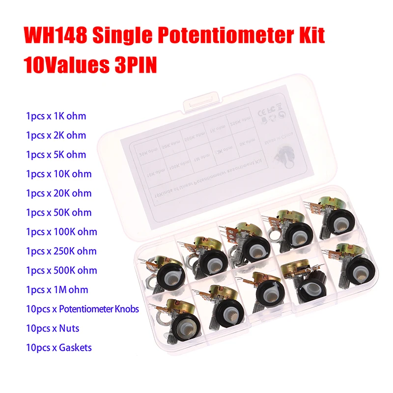 

10Pcs High Quality WH148 Potentiometer Kit 1K 2K 5K 10K 20K 50K 100K 250K 500K 1M Rotary Potentiometer Set With Knob Cap