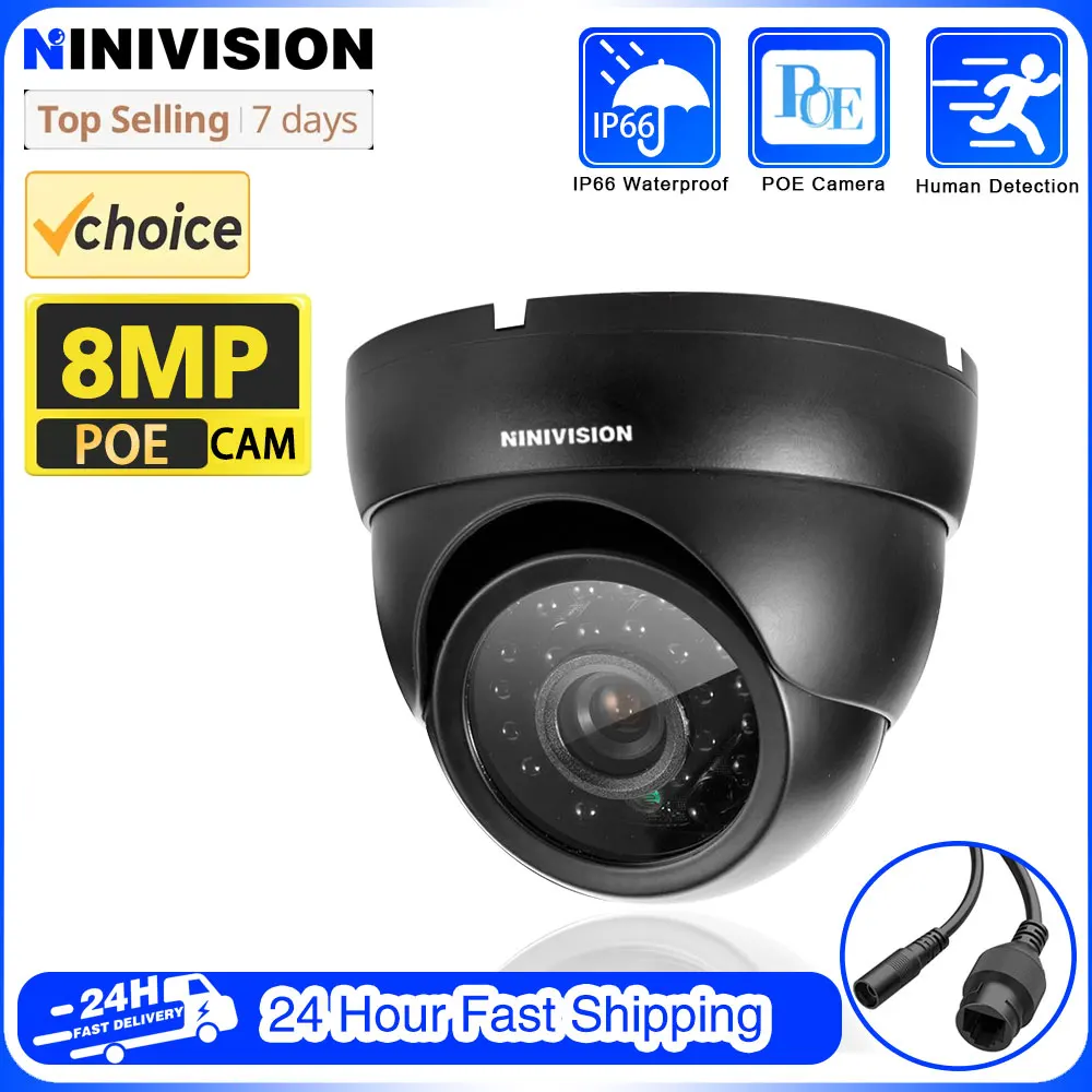 4K 8MP Black POE Camera Human Detection 24 Array Infrared LED 8.0MP Resolution With HD 3.6mm Lens CCTV Home Security IPC Cameras