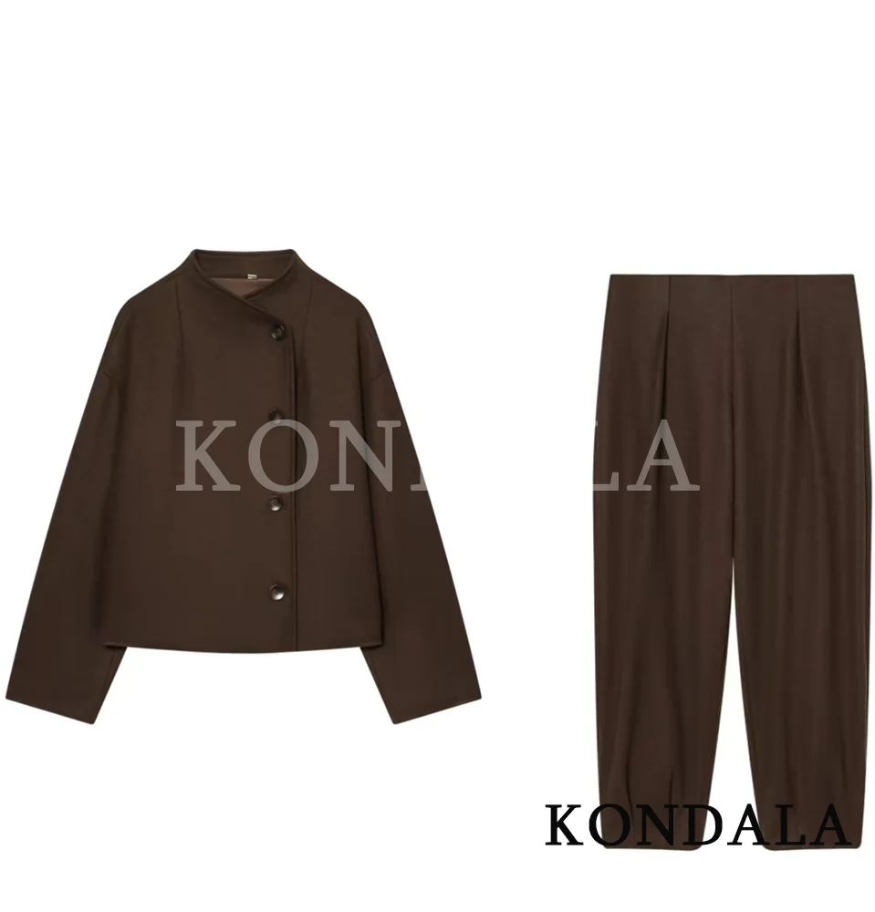 KONDALA Women Trendy Pants Set Office Lady Jacket Long Straight Zipper Pants New Fashion 2026 Spring Commute High Street Set