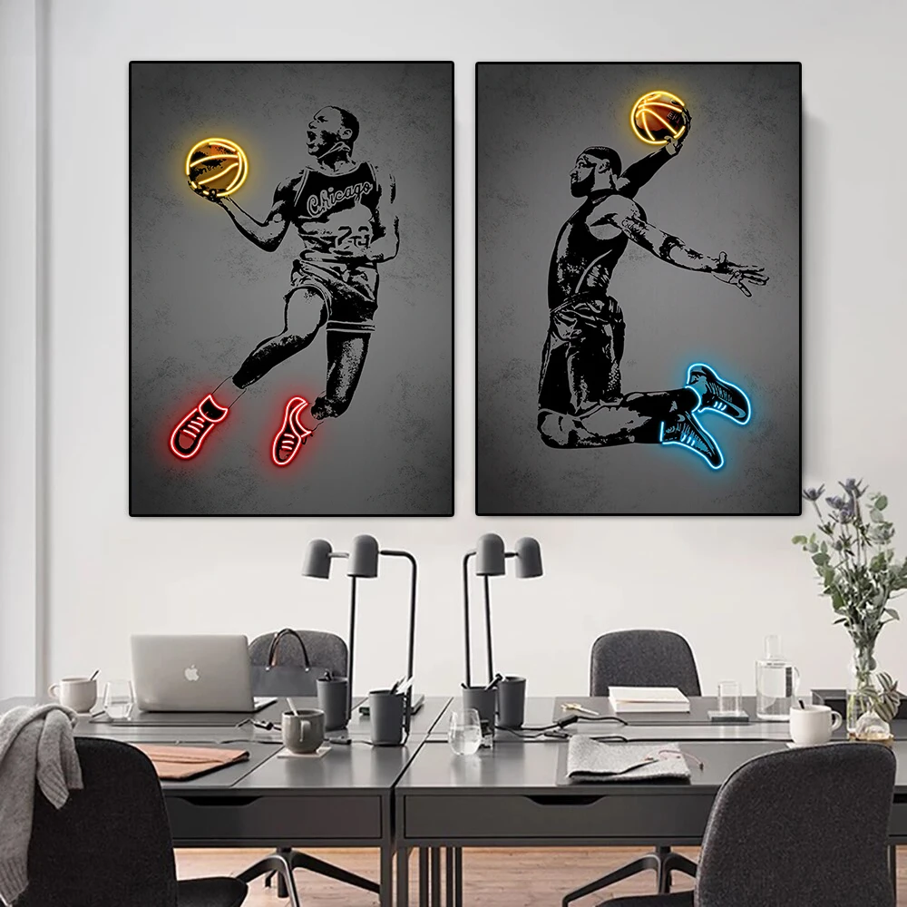 Glowing Poster Basketball Player Painting Canvas Art Neon Style Abstract Pop Wall Art Pictures Prints For Bar Home Decor