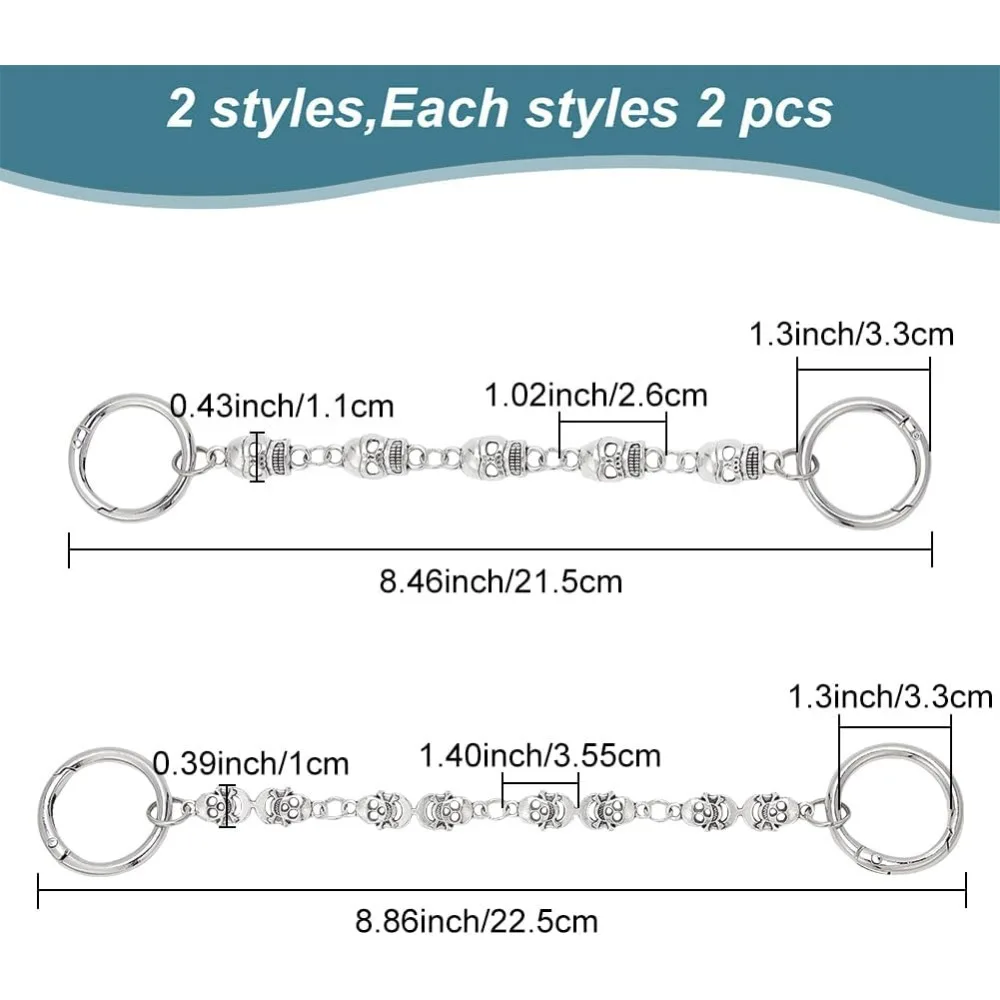 4pcs Shoe Decoration Chains, Hip-hop Style Shoe Chains for Crocs Skull Link Shoe Chains with Spring Gate Ring