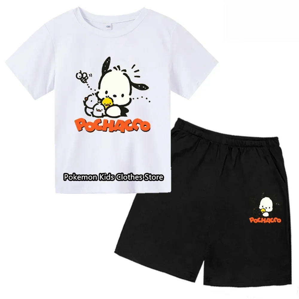 Pochacco Tshirt Set Kids Baby Boys Clothing Sets Summer Baby Girls Short Sleeve Sports T Shirt+Shorts 2-piece Set Kids Clothes