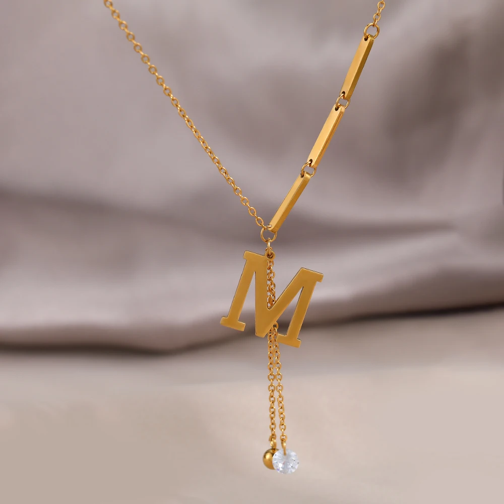 Stainless Steel Necklaces New Popular M Letter Pendants Tassel Zircon Fine Choker Chain Fashion Necklace For Women Jewelry Gift