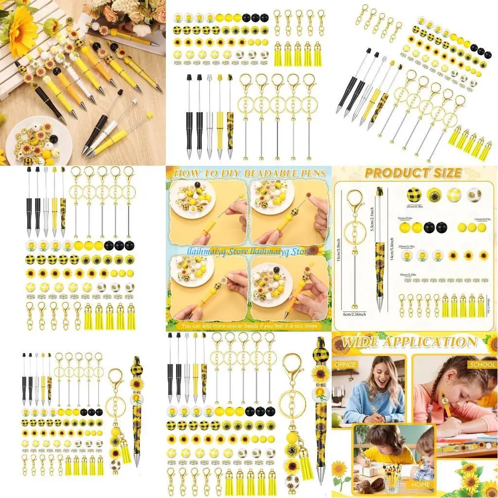 

573B Set of 5 Elegant Bead Pens with Leather Fringes Keychain Pendant Beads Unique Handmade Jewelry for Daily Use