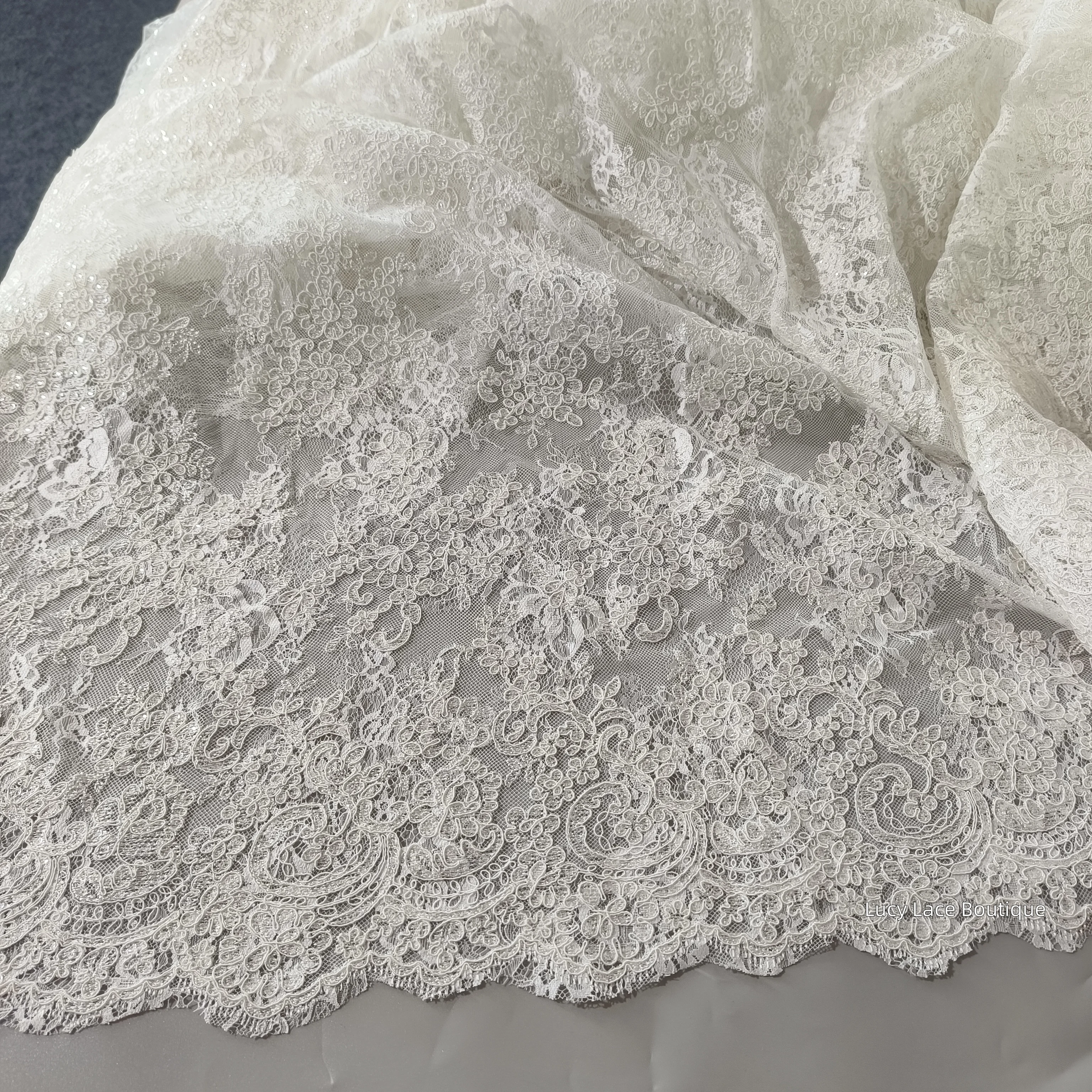 Wholesale Light Ivory Bride Embroidered Fabric Strong Cording French Lace Cord Lace Sequins 125CM Wide Super Luxury Chic Fabrics