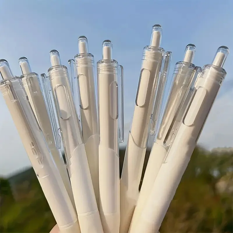 10-Pack White Click Push Ballpoint Pen, Black ST Tip Brush Writing Gel Ink High-Quality Press Nib for Daily Office & School Use
