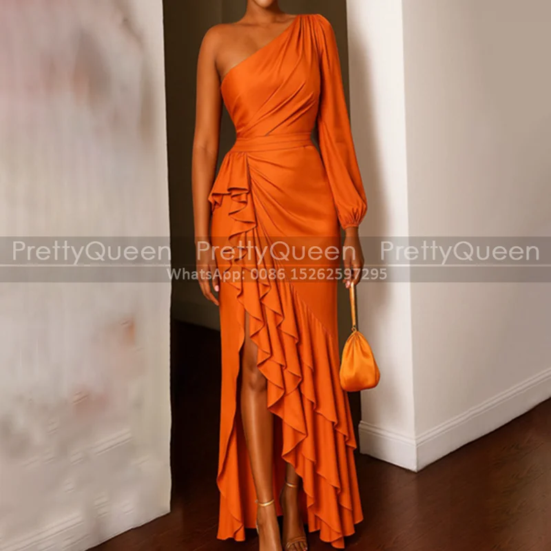 

One Shoulder Evening Dress Ruffles Side Split Mermaid Single Long Sleeves Customized Orange Sheath Prom Dresses Party
