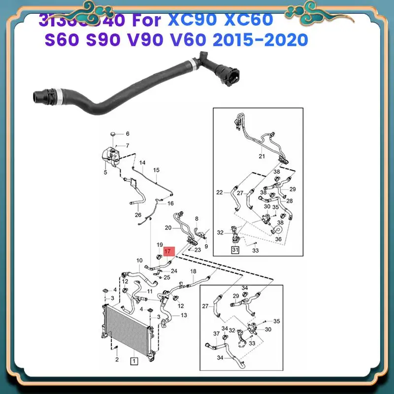 

Новейшая линия шланга радиатора автомобиля 31368540 для Volvo XC90 XC60 S60 S90 V90 2015-2020, сменный доступ к вентиляции охлаждающей жидкости