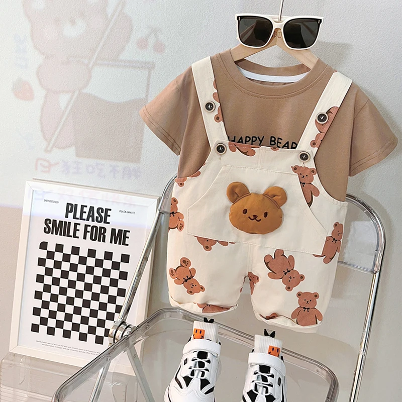 Baby Boys and girls Clothing Summer Suit New Children's Fashion Girl Cartoon Bear print Strap Pants Short Sleeve Two Piece Set