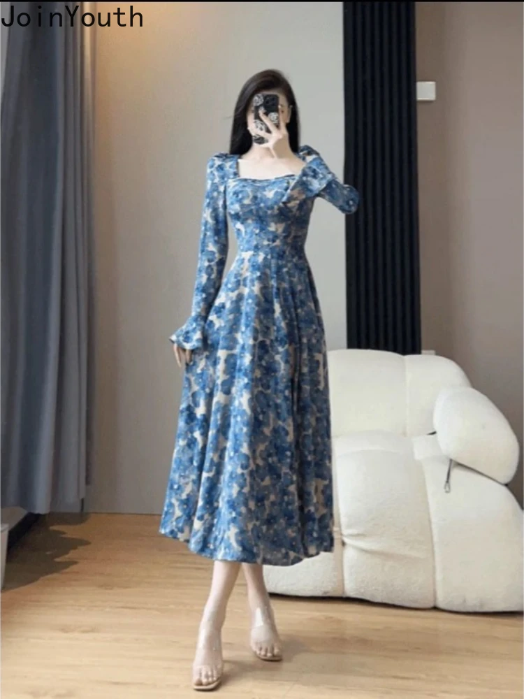 Temperamento Robe Femme abiti floreali donna 2024 Vestidos De Mujer manica svasata perline colletto quadrato tunica Vintage Maxi Dress