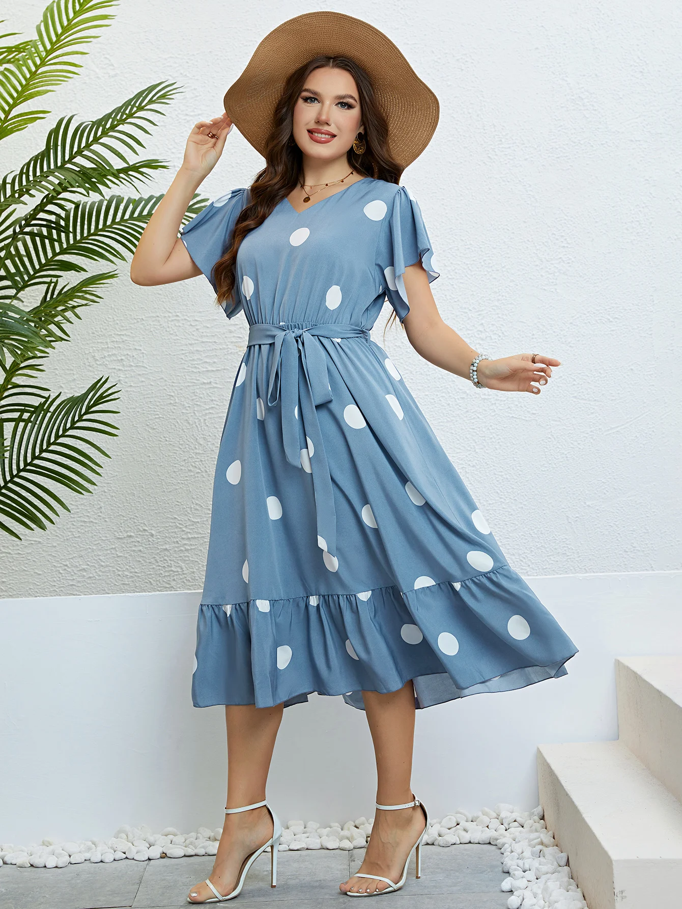 Della Mel Plus Size Polka Dot Butterfly Sleeve Belted Dress Women Summer Casual Chic A-line Female Ruffle Hem Sweet Long Dresses
