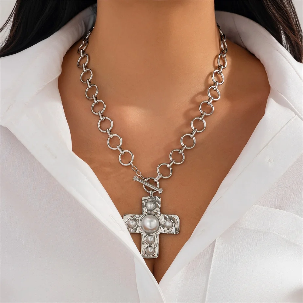Goth Cross Pendant Necklace Set for Women Fashion Multilayer Imitation Pearl Chain Necklace Punk Y2K Neck Grunge Jewelry Gifts