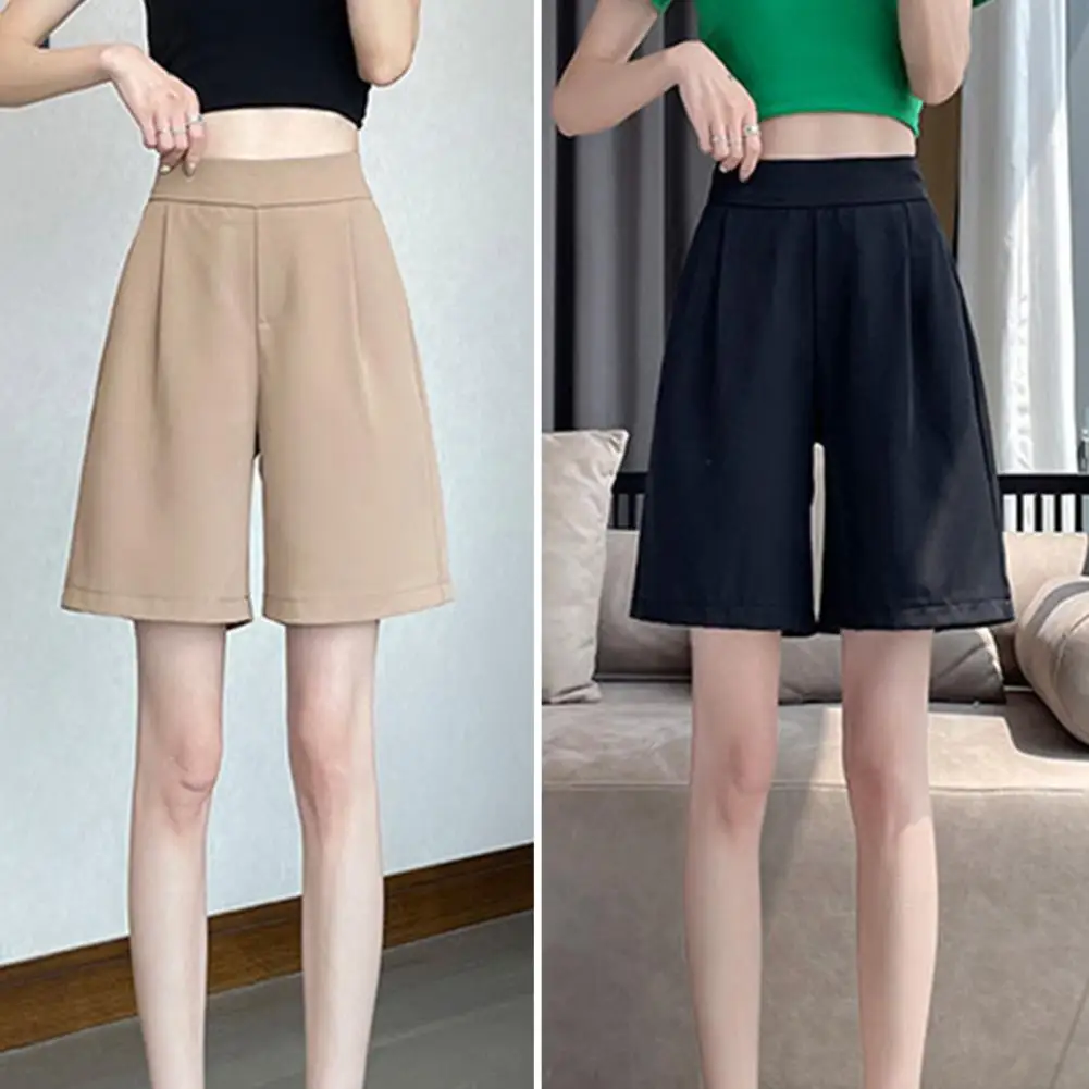 Women Summer Shorts A-line Loose Elastic High Waist Women Shorts Straight Casual Thin Knee Length Pants