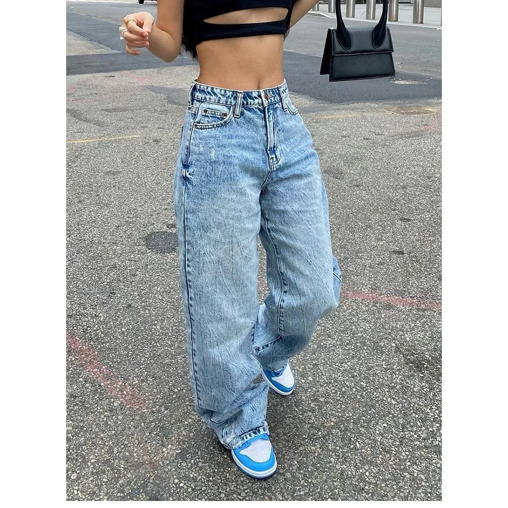 Celana Jeans Wanita Kasual Slim Fit Pinggang Tinggi Model Lurus Bahan Denim Ringan untuk Wanita Muda Musim Semi