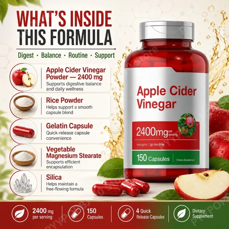 Apple Cider Vinegar Capsules 2400mg Per Serving Daily Wellness Support Non GMO Gluten Free 150 Capsules