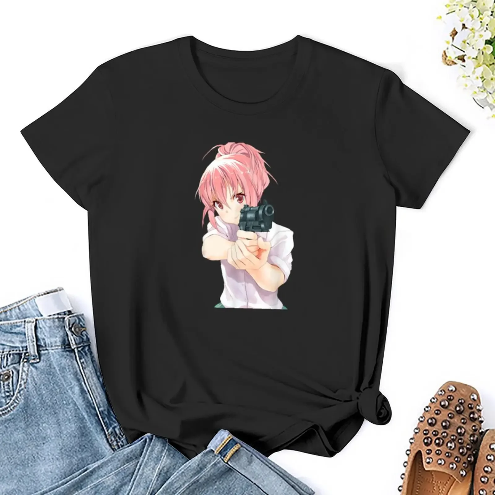 anime girl with gun T-Shirt vintage clothes animal print shirt for girls sublime customs design your own Women t-shirts