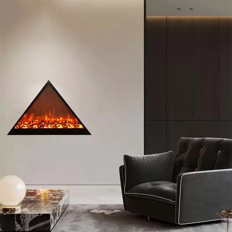 Black Tempered Glass Triangular Electric Fireplace Insert With Remote Control Metal Trim English Operating Language For Hotels