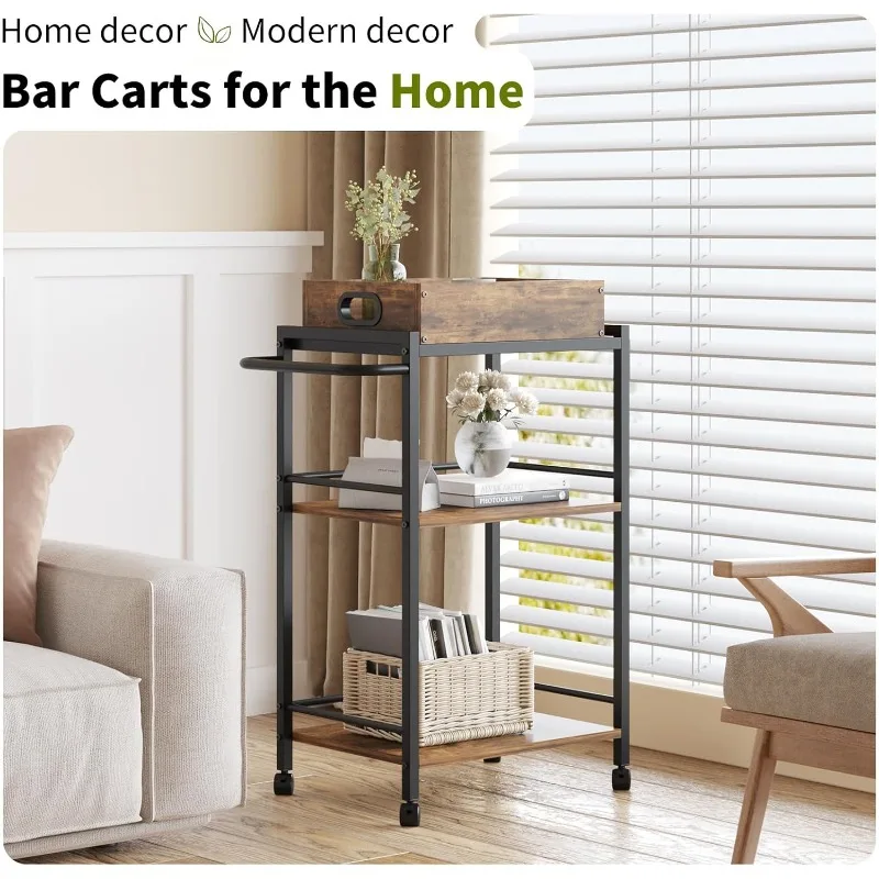 Bar Cart for The Home, Serving Cart with Wheels and Handle, 3-Tier Beverage Cart with Removable Tray and Storage Shelves。