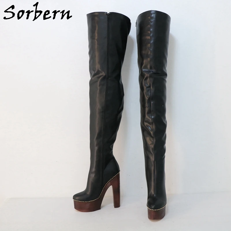 Sorbern Fetish Crotch Thigh High Boots Women Block High Heel Platform Rivets Around Winter Style Drag Queen Shoes Custom