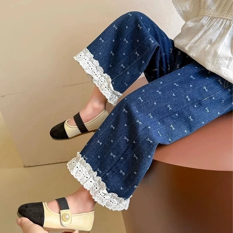 

2026 Baby Kids Fashion Bow Printed Lace Jeans Denim Pants for Girls Children Spring Autumn Casual Pant Trousers Clothes2-8T