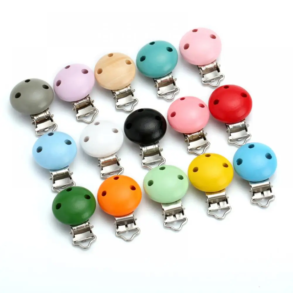 10Pcs Baby Pacifier clips 30mm Round Wooden Dummy Nipple Holder Clip for DIY Nursing Pacifier Chain Teething Toy Accessories