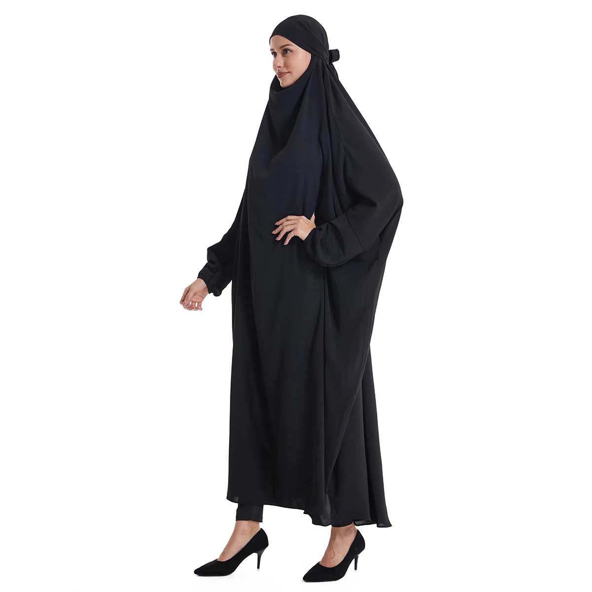 Muslim Women Solid Color Long Dleeves Hooded Coverage Abaya Ankle Length Arab Lady Modest Prayer Ramadan Eid Clothes Maxi Dress