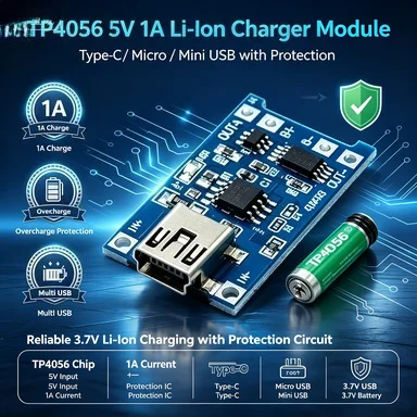 TP4056 18650 Battery Charging Board, Type-C/Micro/Mini USB, Overcharge Protection